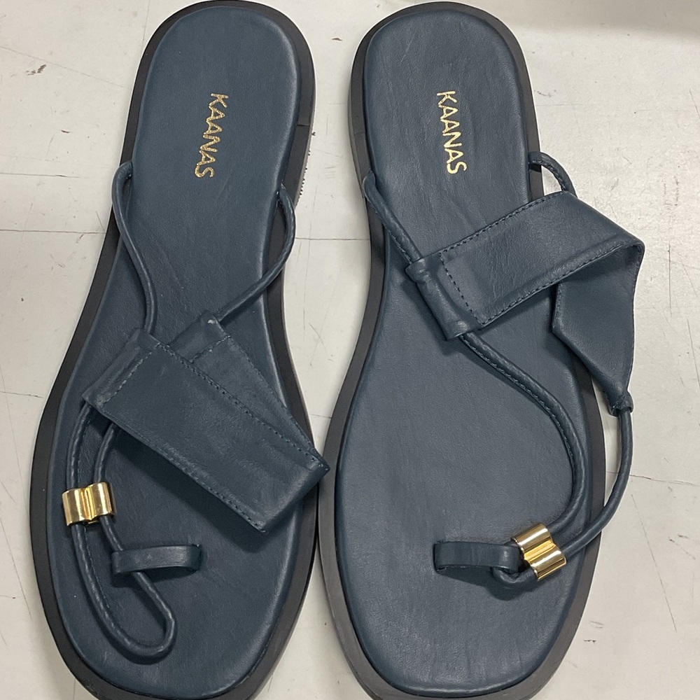 KAANAS Navy Leather Slide Sandals with Gold Hardware
